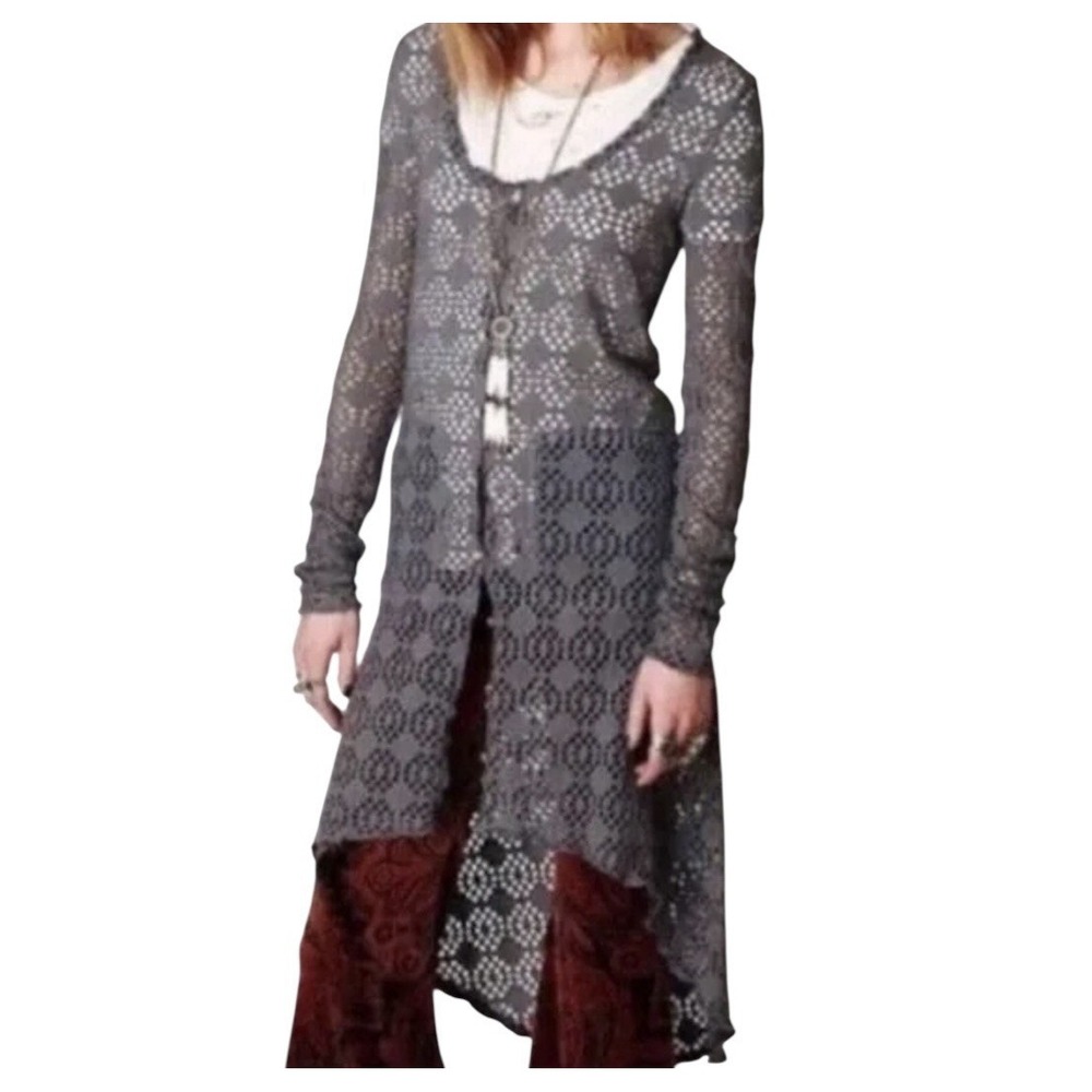 Free People Beach Cardigan Cover‎ Up Women's Small Gray Crochet Duster Button Up